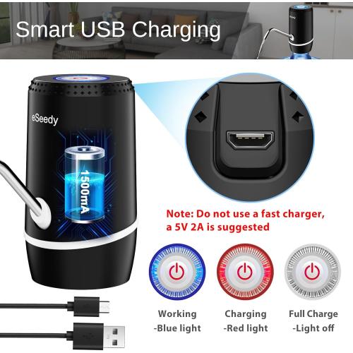 Water Pump for 5 Gallon Bottle, USB Charging Automatic Water Dispenser with Rechargeable Battery, Portable Electric Drinking Water Jug Pump for Home, Kitchen, Living Room, Office, Camping - Black