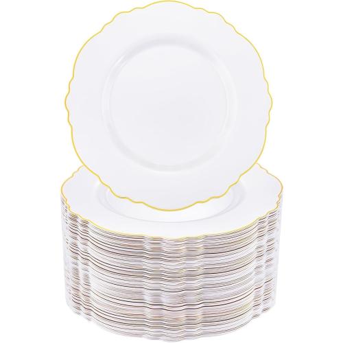WDF 60pcs Gold Plastic Dinner Plates -10.25inch Baroque White and Gold Plates Fancy Plastic Plates for Upscale Bridal Shower & Wedding & Birthday