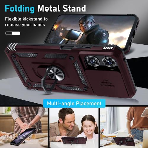 for Moto G 2026/2025 Case,Moto G Play 2026 Case Built in Slide Camera Cover | with Tempered Glass Screen Protector Finger Ring Holder Kickstand,Heavy Duty Shockproof Full Body Phone Cover,Wine Red