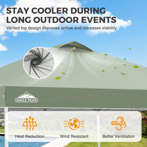 EAGLE PEAK 10x10 Pop Up Canopy Tent Easy Up Canopy Outdoor, Sage Green | Patented PeakPush™ Center Lock, 1 Person Setup Portable Pop Up Tent, Beach, Markets, Camping Sport Events, Wheeled Carry Bag