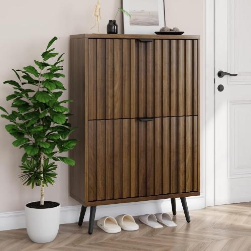 Size 23.6 Color Brown Shoe Cabinet with 2 Flip Drawers, 23.6 Walnut Hidden Shoe Storage Cabinet with Fluted Design, Freestanding Shoe Organizer Cabinet for Entryway, Hallway, Closet, Living Room