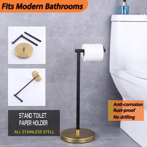 GERZWY Bathroom Toilet Paper Holder SUS 304 Stainless Steel Stand Modern Paper Towel Holder Free Standing for Countertop (Black & Gold) DZY002-BD