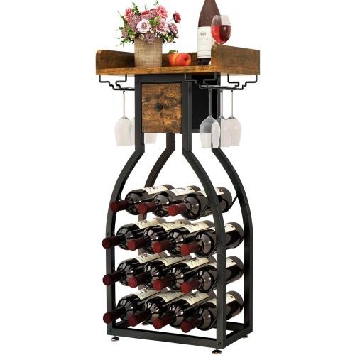 IBUYKE Wine Rack Freestanding Floor,Wine Storage 15 Bottles Bottle Rack with Glass Holders, Mini Bar Wine Cabinet with Storage Drawer for Home Bar Kitchen Dining Room,Rustic Brown,UTMJ908H
