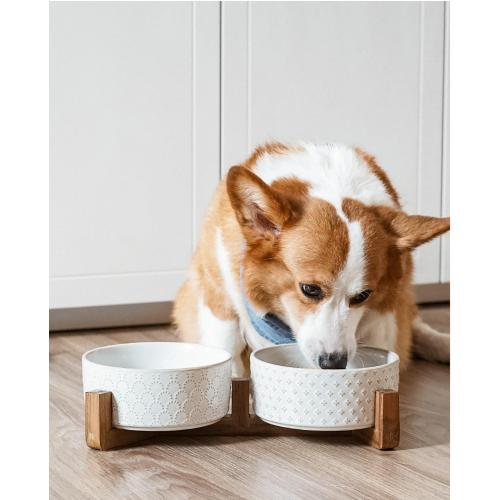 LE TAUCI Dog Bowl Set with Acacia Wood Stand - 1.8-Cup Ceramic Puppy Bowls for Small Dogs, Dual Food and Water Bowls with Weighted Non-Slip Base