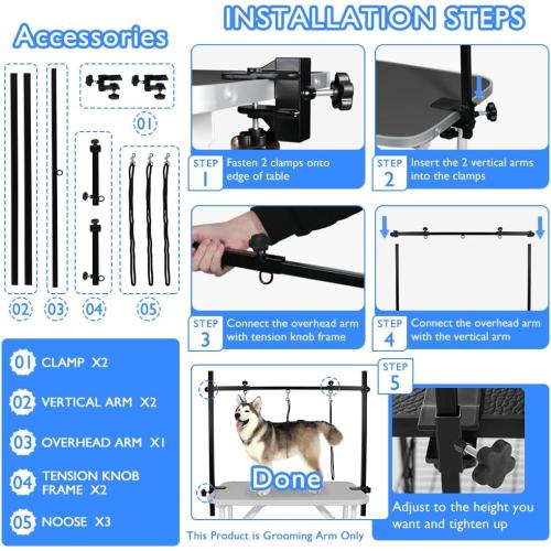 LEIBOU H-Shape Dog Grooming Arm Pet Supplies Grooming Table Arm with 3 Noose and Clamp Heavy Duty Aluminum Alloy Frame with 35.4” Adjustable Height and 36.2” ~ 50” Adjustable Width Dog Grooming Kit