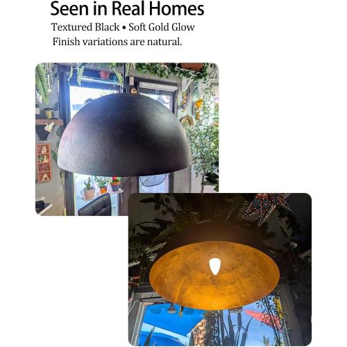 15 Inch Black and Gold Pendant Light, Bold Textured Matte Black Dome with Hand-Applied Gold Leaf Interior, Hanging Chandelier Fixture for Kitchen Island, Dining Room, or Bar