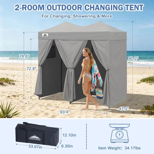 EAGLE PEAK Outdoor Pop Up Changing Room 8x4 ft, 2-Room Portable Privacy Shelter for Beach, Pool, Photoshoots or Dressing Room, Gray