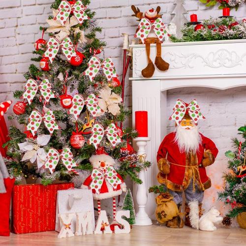 DIYDEC 12pcs Christmas Bows Decoration 6.3 Inch Large Christmas Wreath Bows Red Green Xmas Tree Bow Glitter Dot Bows Ribbons Ornaments for Garland Wedding Home Holiday Party