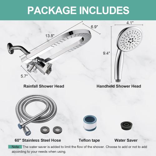 Silver Cobbe Premium 3-Way Rain Shower Head Combo, Dual Shower Head with Handheld, 5-mode High Pressure Rainfall Showerhead with Stainless Steel Hose & Sealant Tape - U.S. Invention Patents - Chrome