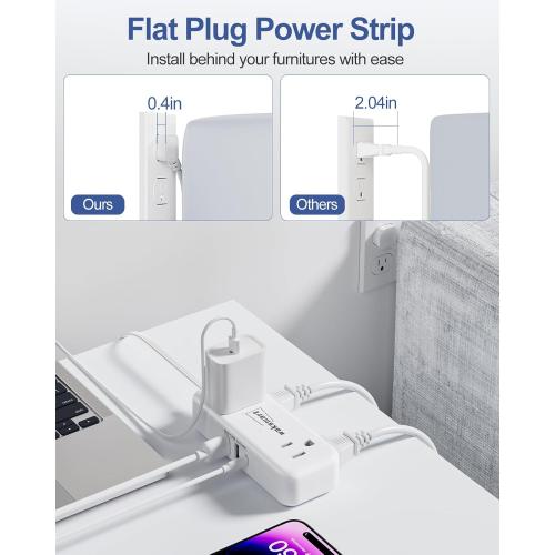 Flat Extension Cord 6 Feet - 4 AC Outlets 3 USB Ports (5V/3.4A 17W), Flat Plug Power Strip Compact for College Dorm, Travel, Cruise, Home, Office