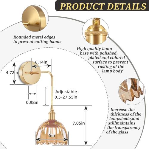 Battery Operated Wall Sconces CCT Dimmable Wireless Sconces Set of 2, Vintage Light Fixture with Amber Tulip Glass Lampshade Wall Decor Set of 2 for Living Room Bedroom Bedside Bathroom