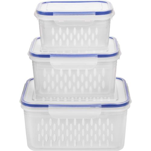 Fruit and Vegetable Storage Containers for Fridge, 6 Pcs/3 Sets Keep Fresh Produce Saver Containers Keeper, Food Storage Containers with Removable Colander (blue)