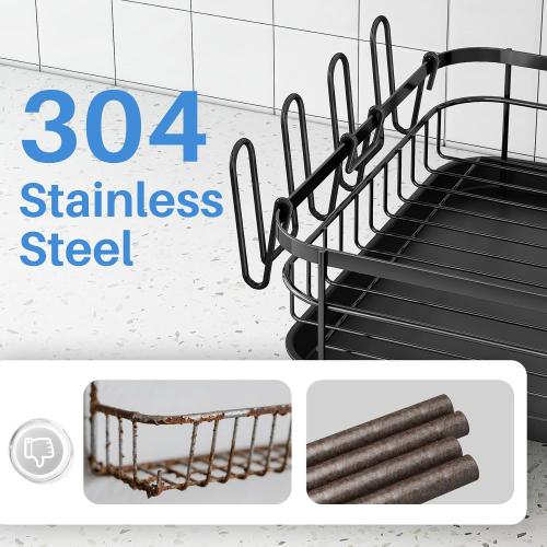SNTD Large Dish Drying Rack - Expandable Dish Rack for Kitchen Counter, Stainless Steel Dish Drainer Rack with Utensil Holder and Cup Holder, Black