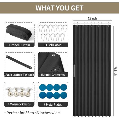 RINHARTEX Blackout Accordion Style Magnetic Door Curtain for Closet Pleated Folding Doorway Curtain Accordion Door Interior Room Divider Bedroom Bathroom Living Room(52 * 78,Black)