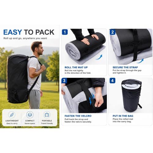 Foam Camping Mattress - Portable Sleeping Pad for Camping, Tent, Car & Floor - Washable Cover & Roll Up Travel Bag - Cot Mattress for Travel & Guests