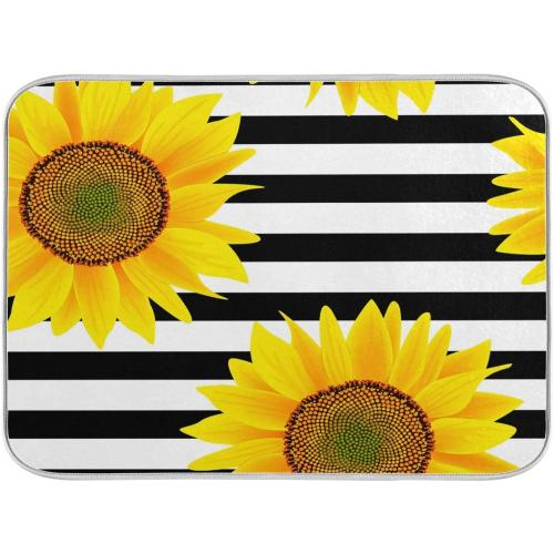 Black White Stripes Sunflowers Dish Drying Mat for Kitchen Absorbent Microfiber Pad Heat-resistant Drainer Mats Countertops Sinks Protector 16x18
