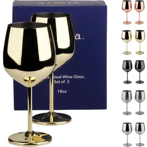 Stainless Steel Wine Glass 18oz - Set of 2 Gold - 3.6 D x 8.3 H (851029)