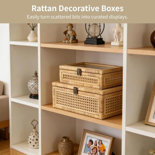 Rattan Decorative Boxes with Glass Lids, Set of 2 Large Rectangular Woven Wicker Display Baskets, Boho Handcrafted Storage Bins for Shelf & Home Decor