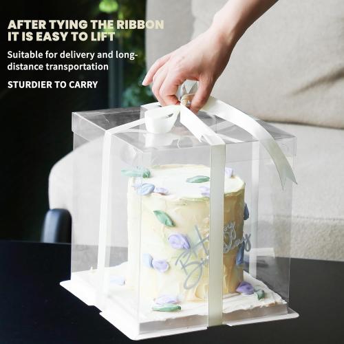Clear Gift Box with Ribbon 2-Layer 8.5x8.5x9 Inch, Transparent Cake Carrier Box with Lids, PET Tall Cake Packaging Boxes, Clear Gift Boxes for Birthday,Wedding and Festival Party