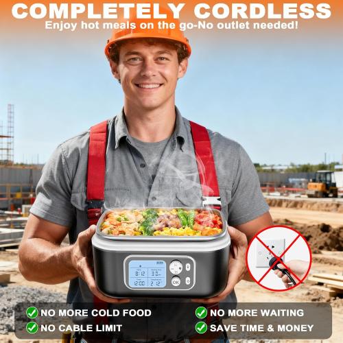 6.3-Cup Cordless Electric Lunch Box for Adults, 27000mAh Heated Lunch Box For Men Battery Powered with Automatic Heating, 100W Self-Heating Portable Food Warmer for Hot Meals Anywhere, Black