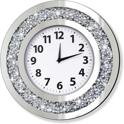 Size 16x16x12  Crystal Crushed Diamond Mirrored Round Wall Clock 16x16x2 inches for Wall Decoration Silver Glass Mirror Clock Sparkle Twinkle Bling Home Decor. AA Battery is not Included.