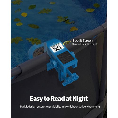 DeeprClean Above Ground Pool Skimmer with Backlit Solar Digital Thermometer | Wall Mount Surface Skimmer with Adjustable Height Bracket, Auto Skimming for Pool Surface Floating Leaves & Debris -Blue