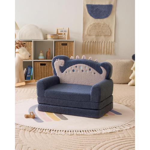 Blissful Diary Kids Couch, 2-in-1 Soft Toddler Couch Fold Out, Toddler Chair Comfy, Convertible Sofa to Lounger, Kids Furniture for Playroom, Gift for Birthday, Children's Day, Blue Dinosaur