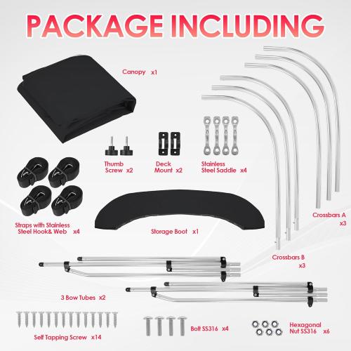 Bimini Tops for Boats, Black 3 Bow L6' x W54-60 x H46, 900D Polyester Bimini Top, 2 Rear Support Poles and Storage Boot, 4 Adjustable Nylon Straps
