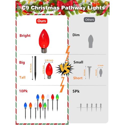 10 Pack Large C9 Christmas Decorations Outdoor Waterproof, Solar C9 Christmas Lights Outdoor with 2 Modes, Solar Pathway Lights for Outside Party Yard Lawn Patio Walkway Xmas Decoration (Multicolor)