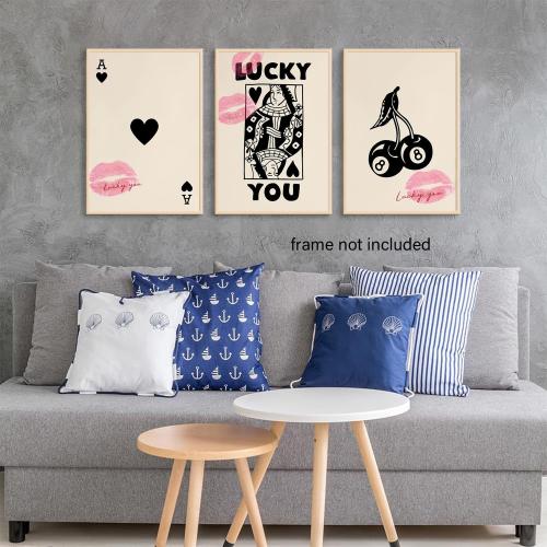 LYPHNX Trendy Ace of Spades Poster Wall Art Vintage Poker Queen Luck You Prints Black 8 Ball Cherry Set of 3 Wall Decor Kiss Lips Preppy Coquette Painting Picture for Bedroom Dorm 16x24 Unframed