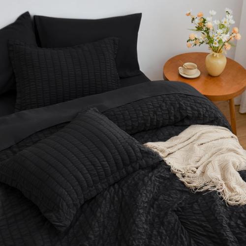 Love's cabin Seersucker Black California King Comforter Set, 7-Piece All Season Lightweight Bed in a Bag Bedding Set with Comforter, Flat Sheet, Fitted Sheet, Pillowcases and Shams