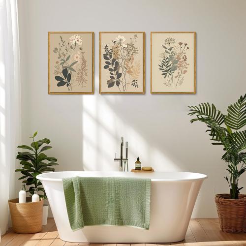 Vintage 3 Piece Floral Canvas Wall Art Framed Wildflower Wall Decor | Neutral Farmhouse Botanical Wall Painting Modern Floral Art Prints For Living Room Bedroom Office 16x24inch