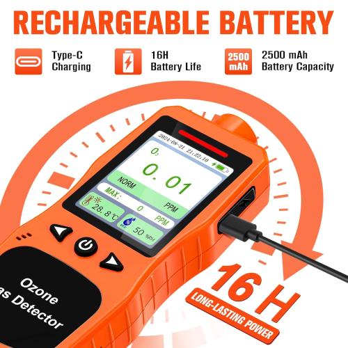 Portable Ozone Detector, 0-100 PPM Ozone Gas Monitor with 0.01 PPM High Resolution, 16H Long Battery Life, Ozone Meter with Alarm, O3 Air Quality Monitor with Temp & Humidity Tester, Orange