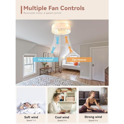 Low Profile Ceiling Fans with Lights, 20 Boho Rattan Ceiling Fan with Light Flush Mount and Remote Control, Drum Caged with 6 Speeds for Bedroom, Nursery, Living Room