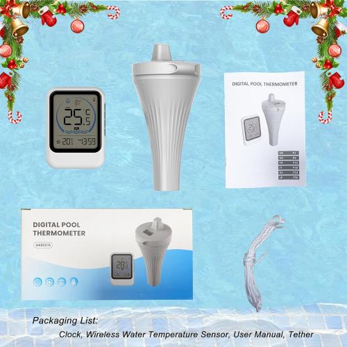 Pool Thermometer with Temperature Sensor for Pool Fish Tank Bathtub Swimming Pool 12/24-Hour Time Format Record Highest Lowest Outdoor Temperature℃/℉ switchable