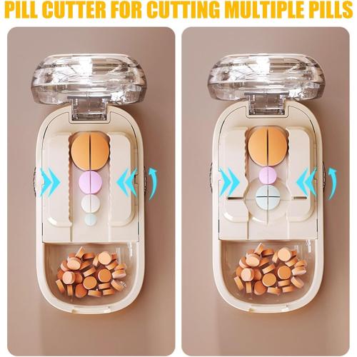 Pill Cutter for Cutting Multiple, 1/2 1/4 Pill Splitter for Large, Small and Tiny Pills, Portable Pills Cutter,Storage Organizer, Accurate Centering Alignment Device (White)