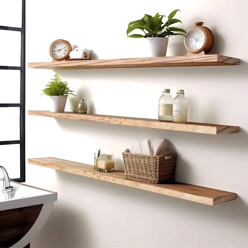 PHPH 48 Inch Wood Floating Shelves for Wall, Wooden Wall Shelves for Bedroom, Set of 4 Light Brown