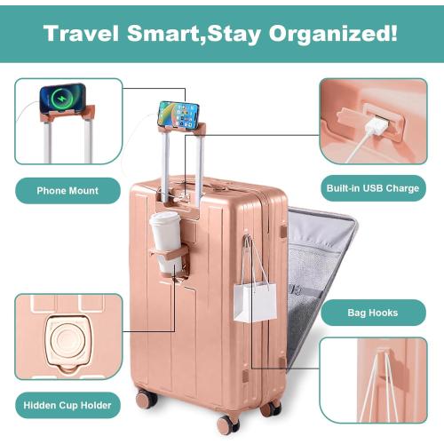 Gets Carry on Luggage Airline Approved,20 Inch Abs Pc Hardshell Spinner Luggage With Cup Phone Holder and USB Charger,Front Pocket Durable Suitcase for Women Men-Pink( has a crack by the side handle)