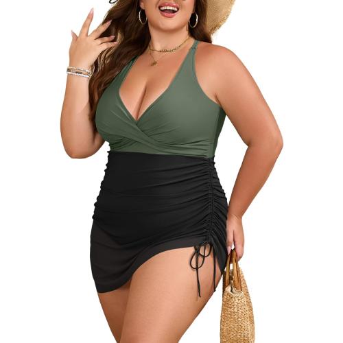 Size L .. One Piece Swimdress Swimsuit Tummy Control Slimming Swim Dress Mesh Drawstring Skirted Bathing Suit
