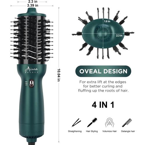 Aima Beauty Hair Dryer Brush Dual Voltage Travel Blow Dryer Brush Hot Air Brush with Oval Barrel 360°Airflow for Smooth,Negative Ionic Frizz-Free Drying/Straightening/Voluming, Dark Green ‼️has mild hair in the brush ‼️