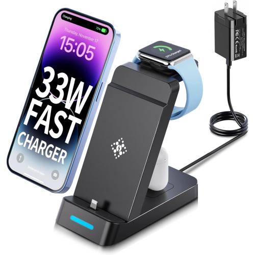 TYCRALI 3 in 1 Charging Station for iPhone - 33W Fast Charging Station for Apple Devices, Charging Dock for iPhone 14/13/12/11, Apple Watch and AirPods (33W USB-C Charger Included)