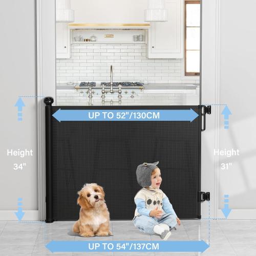 probebi Retractable Baby, Child & Dog Gates for Stairs, Extends to 54 Wide 34 Tall, Use for Outdoor, Indoor, Hallways, Doorways, Deck, Porch, Black