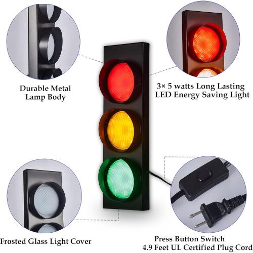 Traffic Light Wall Lamp Remote Control Retro Kids Bedroom Stop Light, Plug in Industrial LED Wall Sconce, 18.5’’ Vintage Fun Signal Lights for Home Office Bar Garage Car Room Decor Christmas
