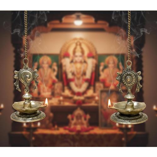 StonKraft - Pair of Brass Hanging Diya, Oil Lamp, Lamp for Home and Office (Hanging Length 25.75)