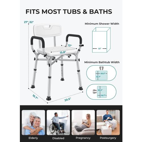 VFAUOSIT Shower Chair for Elderly and Disabled, 550 lbs Shower Chair for Inside Shower with Arms and Back, FSA/HSA 6-Height Shower Seats for Adults with Shower Bag, Bath Chairs for Seniors Inside Tub