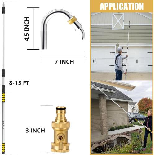 Gutter Cleaning Tools, 16ft (24ft Reach) Gutter Cleaners from The Ground, Gutters Hose Extension Wand with Garden Hose Attachment, Rain Gutters Cleaning Pole
