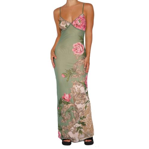 Women Sleeveless Maxi Dress Backless Bodycon Floral Printed Spaghetti Strap Long Dress Vintage Clubwear Summer size small
