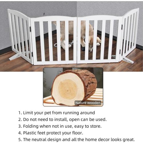 WHITE ZJSF Foldable Freestanding Indoor Dog Gate for House Wood White Long Pet Gates Dog Fence for Stairs Puppy Gates for Hallways,Pet Fence, Puppy Gate,Support Feet Included 24 Height-3 Panels