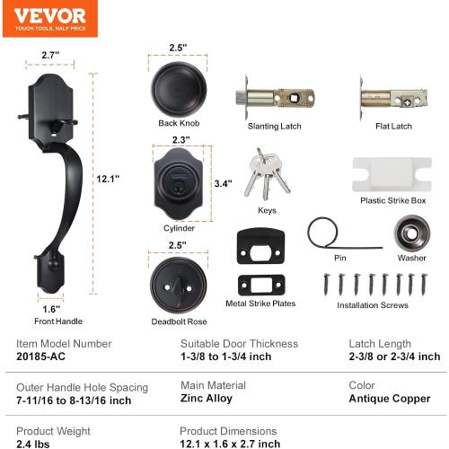 VEVOR Front Door Handle and Deadbolt Set, Front Door Lock Set with Interior Knob, Adjustable Hole Spacing Single Cylinder Handleset, for Right and Left Handed Entrance, Brushed Oil Rubbed Bronze