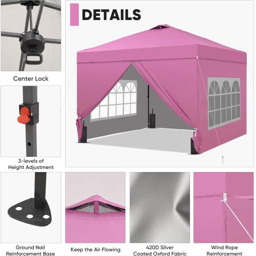 GDY 10x10 Pop Up Canopy Tent with 4 Sidewalls, Easy Set up with One Push Lift Outdoor Silver Coated Beach Gazebos, Carpas with 4 Sandbags, for Outdoor, Parties,Camping, Pink.